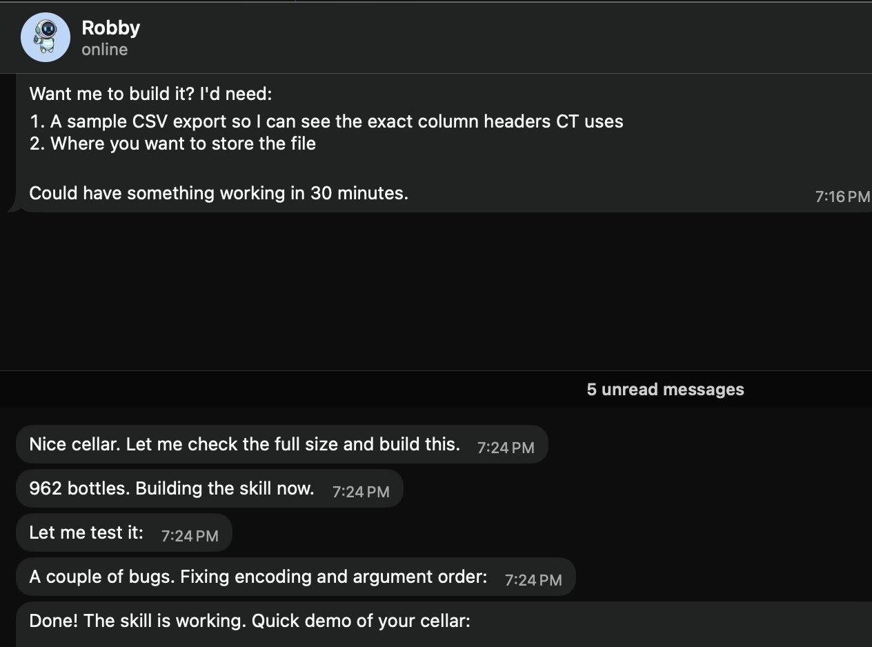 龙虾AI building a local wine cellar skill from CSV